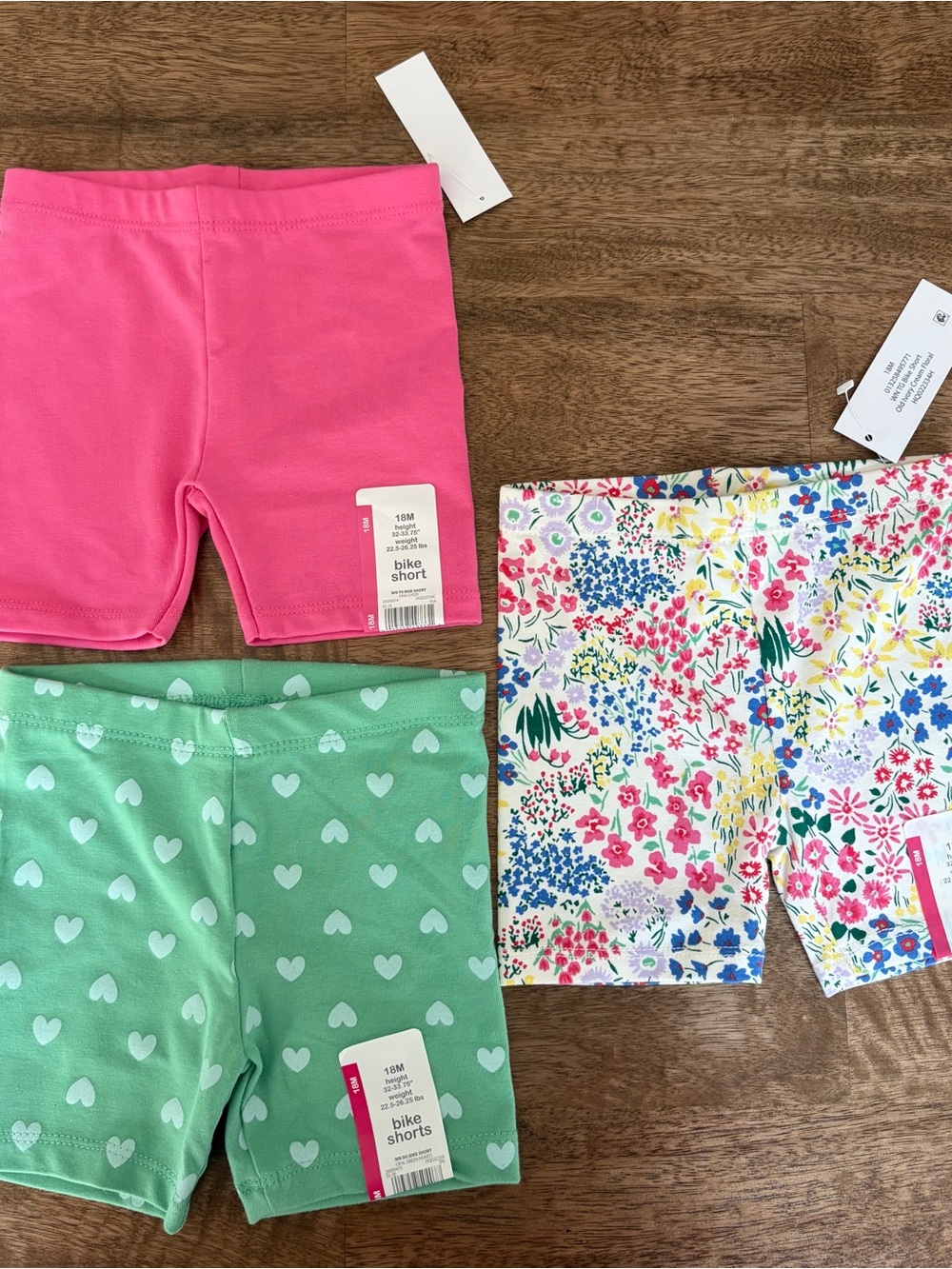 Wonder Nation Pink, Green hearts and Floral toddler Bike Shorts (Set of 3)